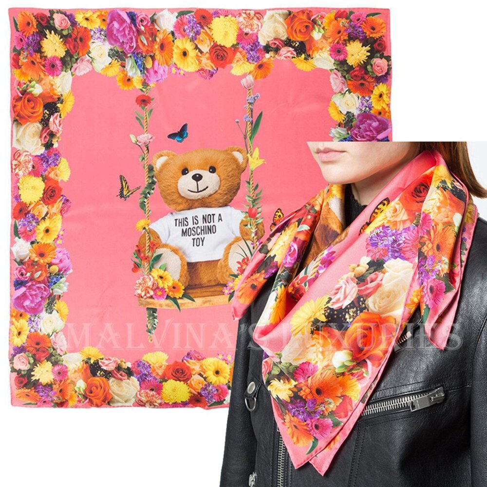 MOSCHINO SCARF PINK TEDDY BEAR ON SWING FLOWER MOTIF SQUARE 34"